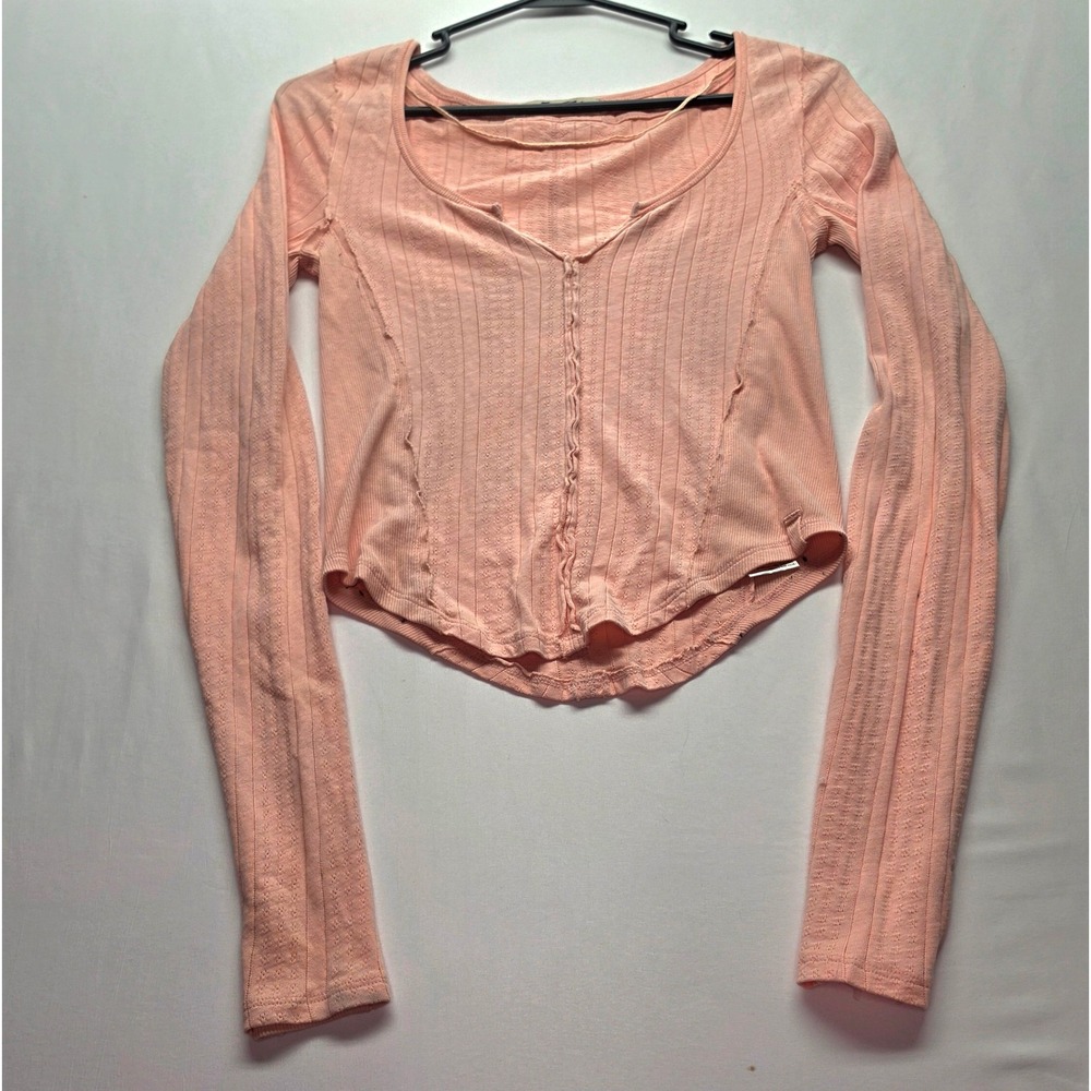 We The Free Free People Pink Ribbed Long Sleeve Scoop Neck Top Small